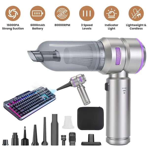 16000PA Handheld Car Vacuum Cleaner With Brushless Motor 2 Reusable Filters 4 In 1 Portable Cordless Compressed Air Duster & Blower For Car Office Home Camp