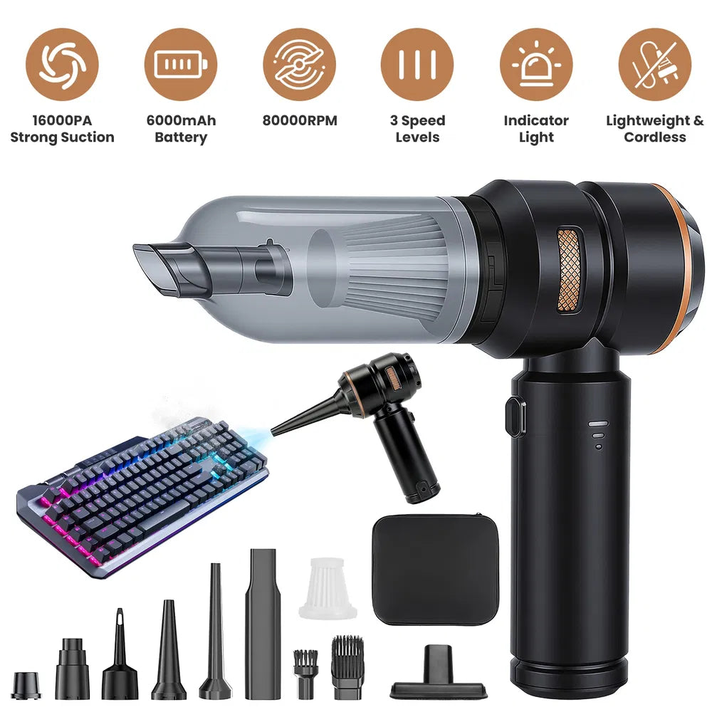 16000PA Handheld Car Vacuum Cleaner With Brushless Motor 2 Reusable Filters 4 In 1 Portable Cordless Compressed Air Duster & Blower For Car Office Home Camp