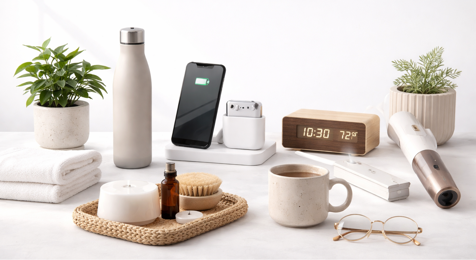 Collection of smart home and office items on a white surface with 'Smart Finds' text.